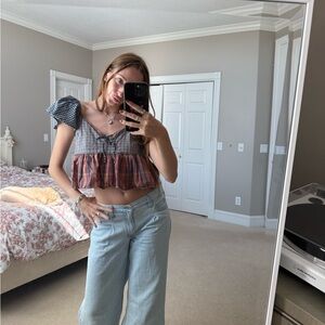 American Eagle Outfitters Patchwork Short Sleeve Top - Blue and Brown